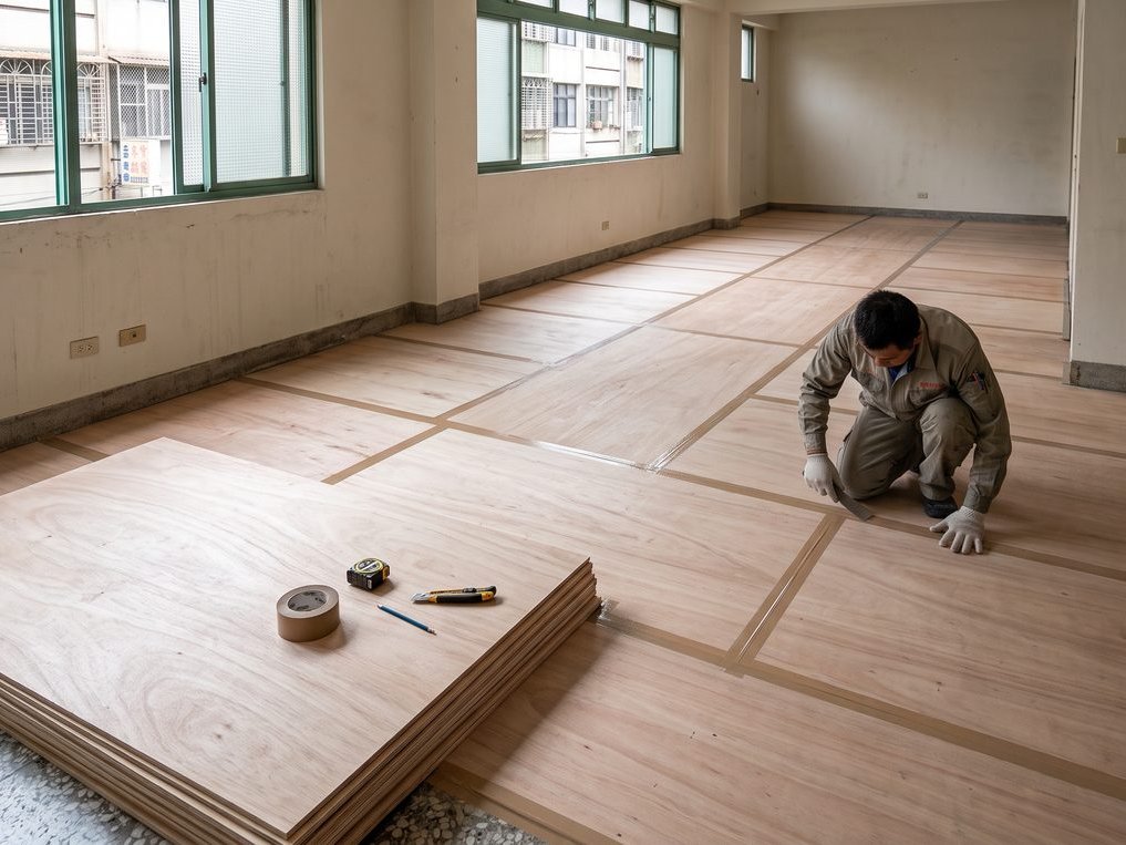 侘寂風老屋翻新工地施工前保護工程鋪設實景